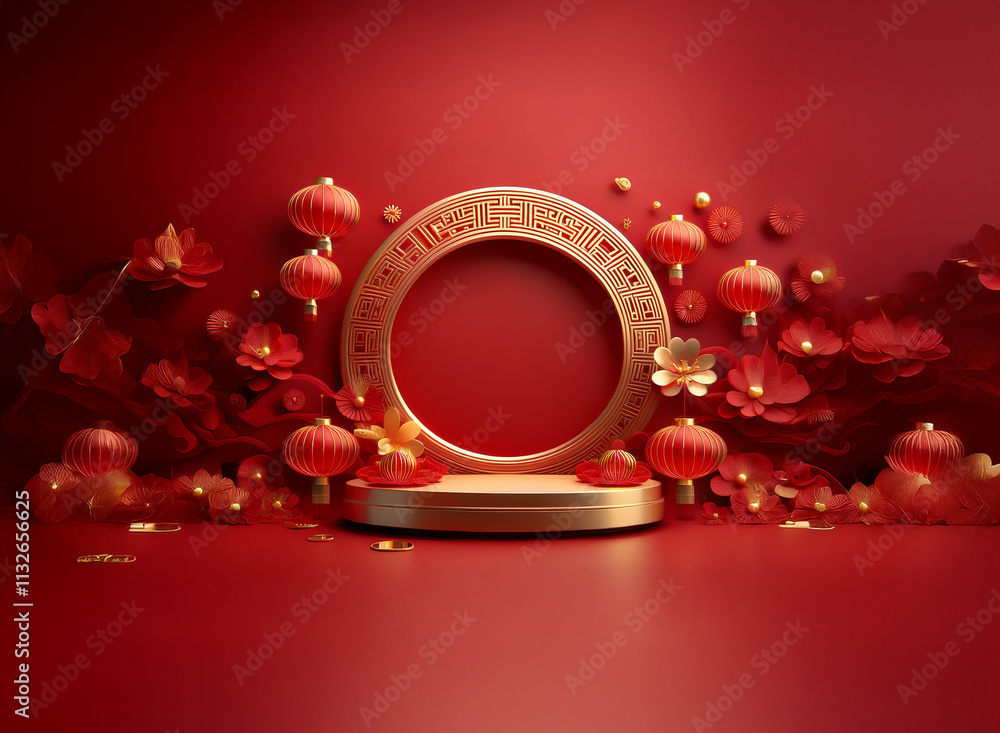 Poster a 3d rendering of a luxurious golden circular podium, adorned with red paper lanterns and blossoms, 