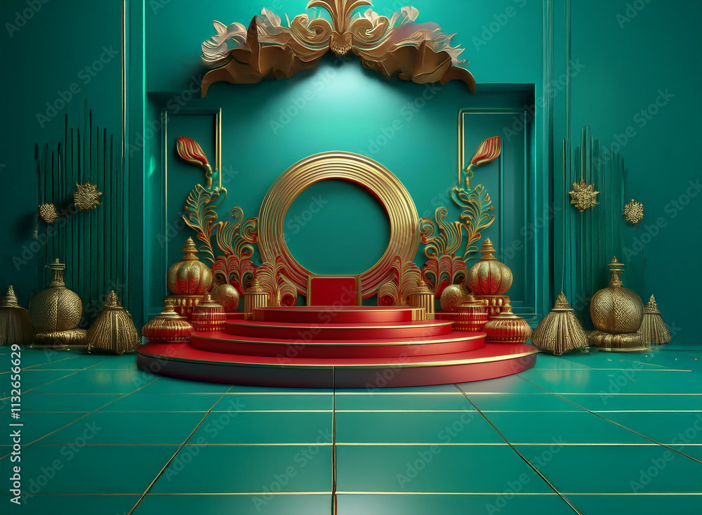 Poster Elegant 3D rendering of a luxurious red and gold stage with teal background.  Ornate details and architectural elements create a rich, regal atmosphere.