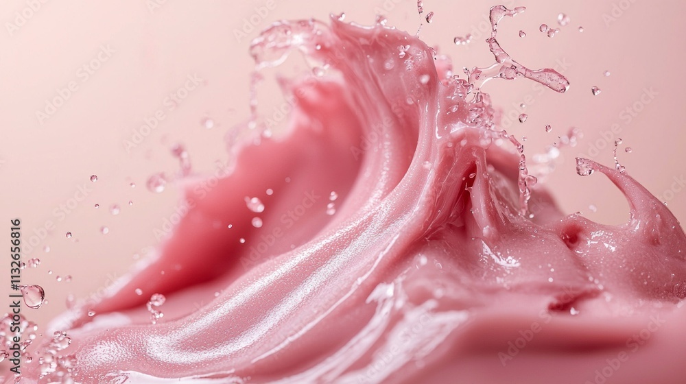 Poster A mesmerizing pink liquid forms captivating shapes as it splashes gracefully against a soft backdrop. Each droplet sparkles, evoking a sense of fluid elegance and artistry in motion