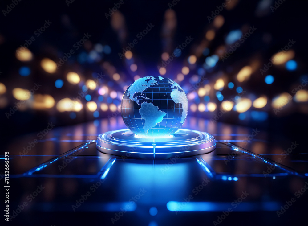 Poster a glowing digital earth rests on a futuristic platform, surrounded by a bokeh of city lights, symbol