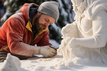 New year Christmas leisure time people making funny snowman outdoors frosty day Generative AI