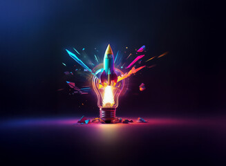 A vibrant lightbulb explodes, revealing a colorful rocket launching from its core.  This symbolizes innovative thinking and creative breakthroughs.