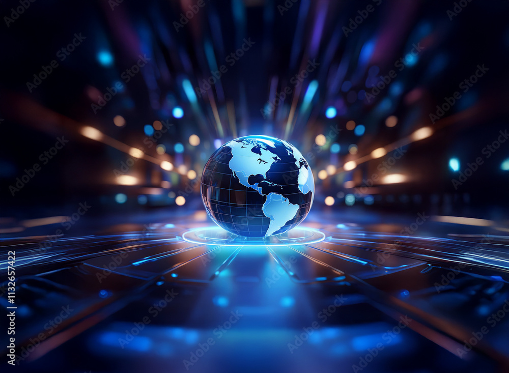 Poster a luminous globe hovers on a futuristic platform, surrounded by vibrant, dynamic energy streams, sym