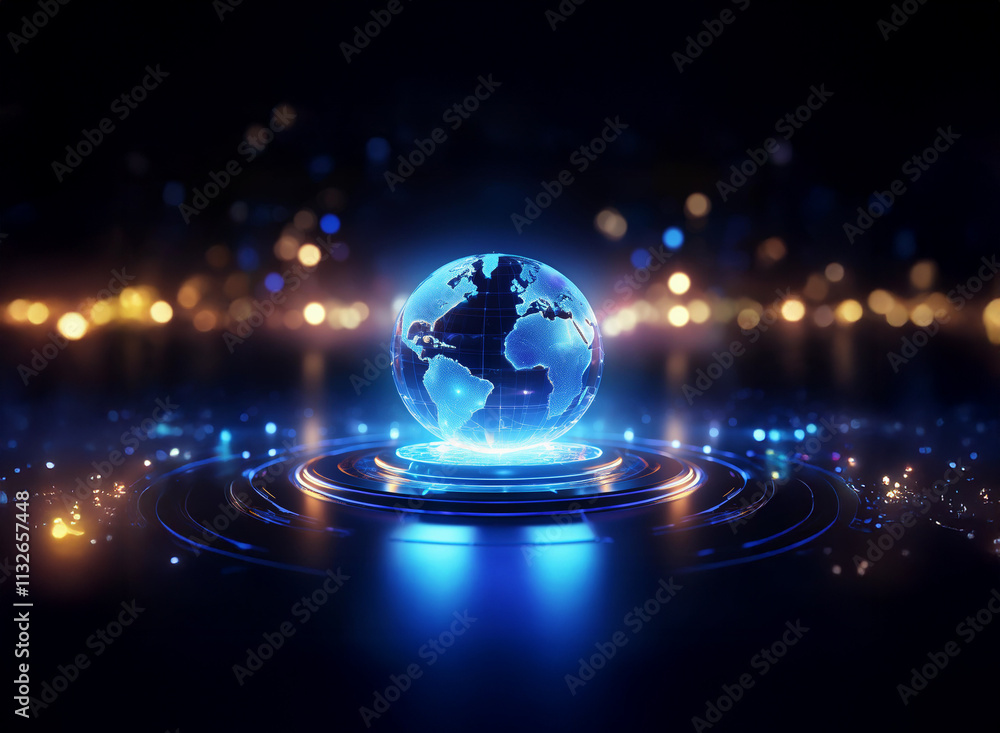 Poster a translucent blue holographic earth globe levitates on a circular platform, surrounded by glowing r