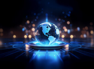 A glowing digital Earth rests on a futuristic platform, encircled by vibrant blue energy streams and bokeh lights, symbolizing global connectivity and technological advancement.