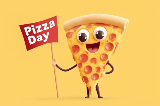 Happy pizza slice character celebrating pizza day