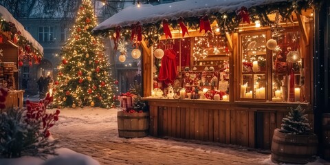 Fototapeta premium a romantically illuminated stall with arts and crafts at Christmas market in the evening in deep snow