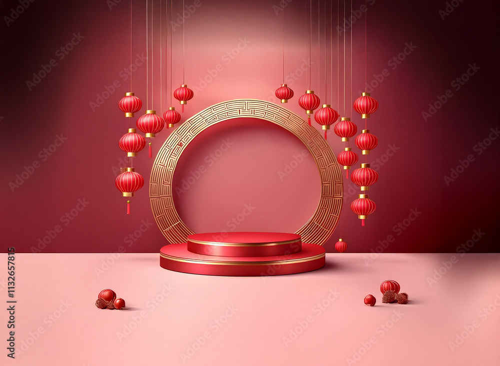Poster elegant red and gold podium with hanging lanterns, perfect for a festive display or product showcase