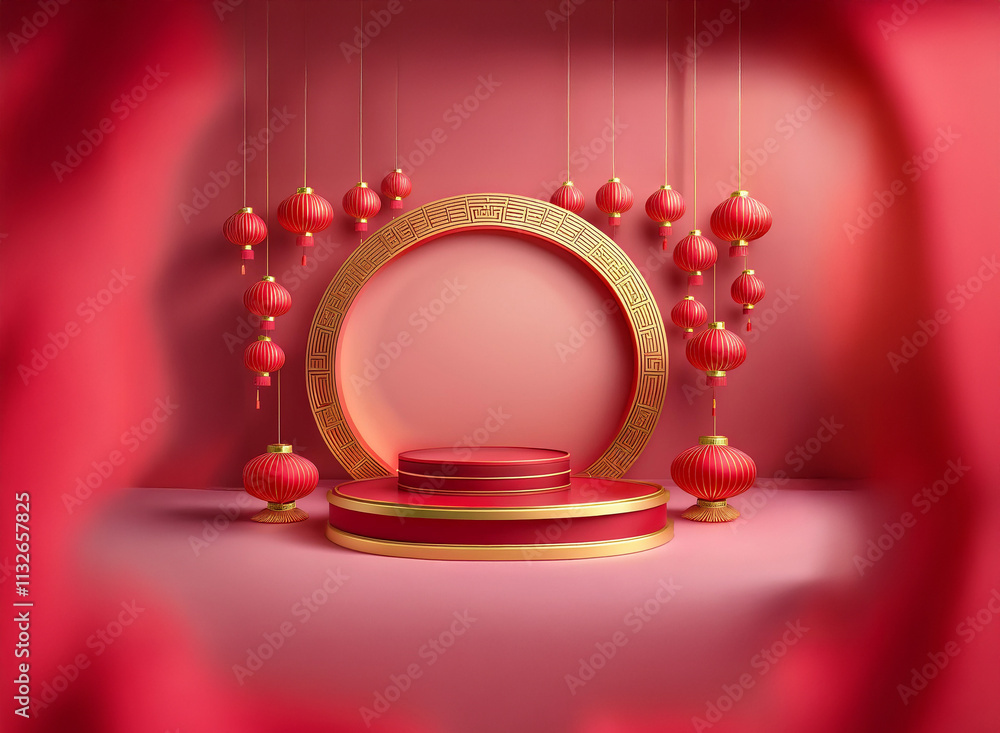 Poster elegant red and gold podium with hanging lanterns, ideal for festive product display or celebration 