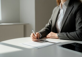 Businesswoman writing on a contract at an office desk with a tablet nearby, underlining the importance of agreements in a professional setting