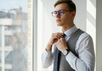 Young businessman adjusting his tie near window in office, getting ready for the workday