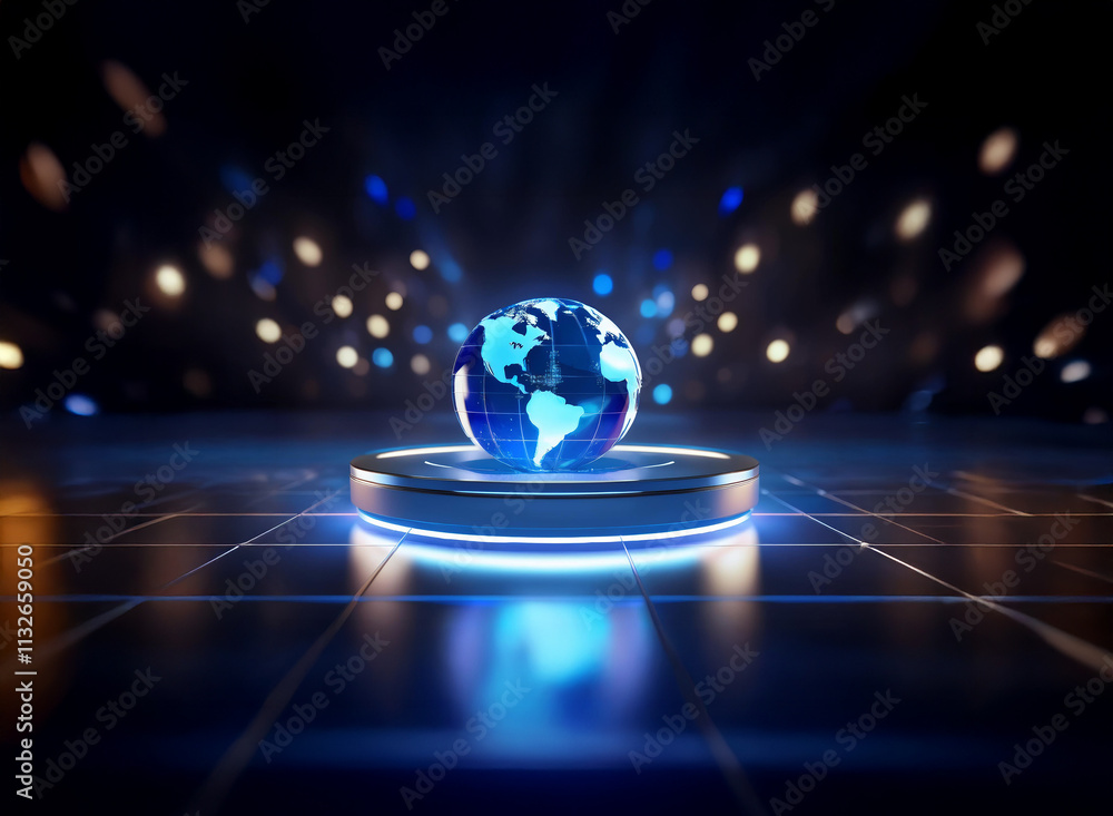Aufkleber a luminous blue earth globe rests on a futuristic platform, encircled by glowing lights, symbolizing