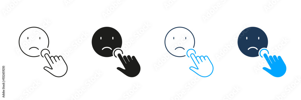 Poster negative feedback line and silhouette icon set. customer satisfaction concept. cursor click on sad f