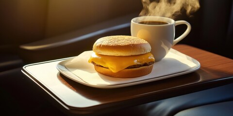 A rich, cheesy breakfast sandwich paired with a steaming cup of coffee, styled on an airplane tray table with a minimalist and modern design"