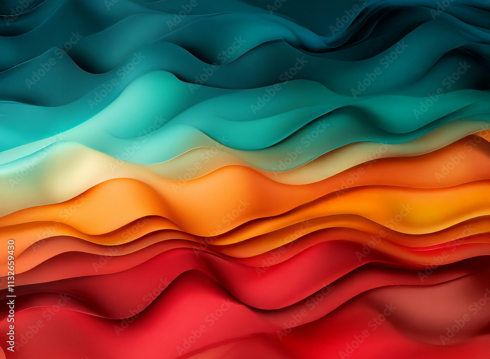Poster Abstract image of flowing, layered waves in vibrant teal, orange, and red hues.  The colors blend smoothly creating a sense of depth and movement.