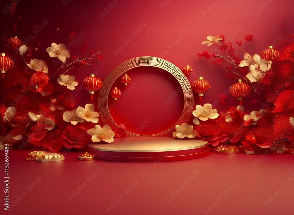 Poster red and gold festive scene with circular frame and podium, adorned with cherry blossoms and lanterns