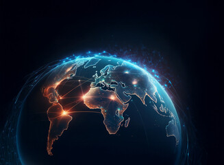 A glowing digital representation of Earth, showcasing interconnected nodes representing global communication networks and data flow.  The image uses cool and warm colors to highlight the connections.