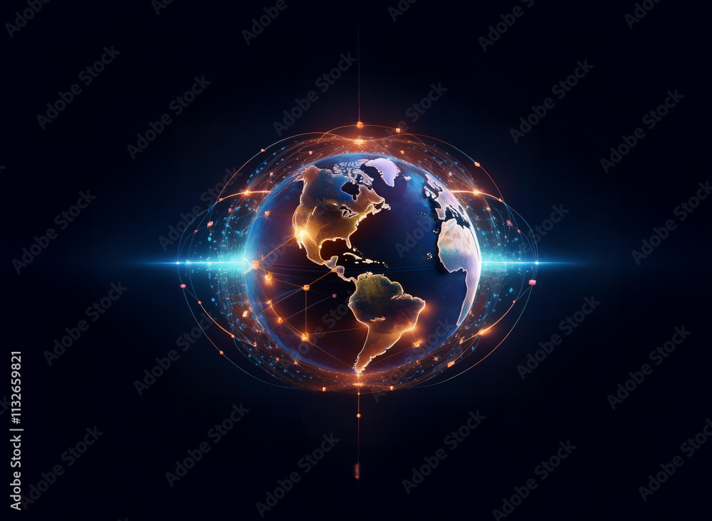 Poster a digitally enhanced image of earth, glowing with interconnected nodes of light, representing global