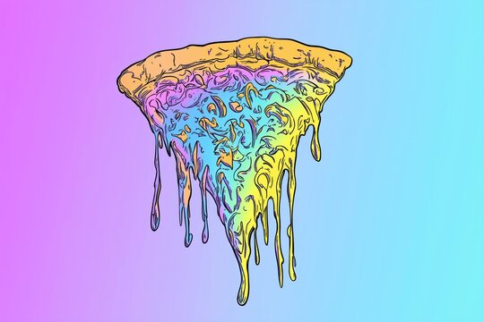 Rainbow pizza slice melting on gradient background