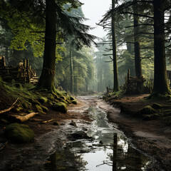 road after rain in a dense mossy forest.   
