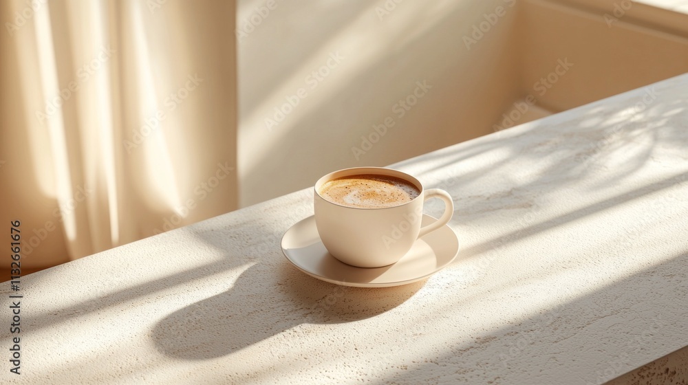 Poster a creamy cup of coffee rests on a matching saucer, bathed in soft sunlight filtering through elegant