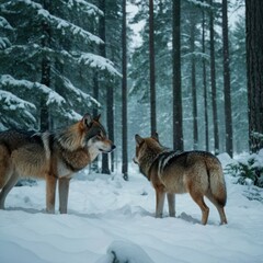 Obraz premium Grey wolves (Canis lupus) in snow-covered landscape, A pack of wolves howling at the full moon in a snowy forest.