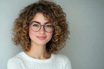 Obraz premium Confident Young Woman with Curly Hair and Glasses Smiling in Minimalistic Studio Setting Against White Background