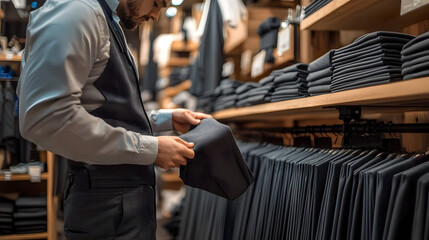 Fototapeta premium Tailor Organizing Gray Trousers in Fashion Store