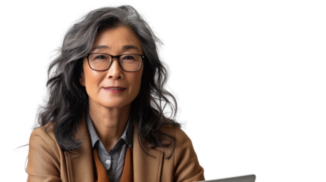 Asian middle age female Employee IT specialist sit at work with laptop on white background