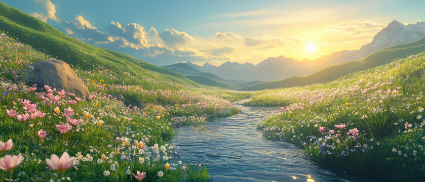 Vast Green Meadows with Streams, Blooming Flowers, Distant Mountains, and Morning Sunrise