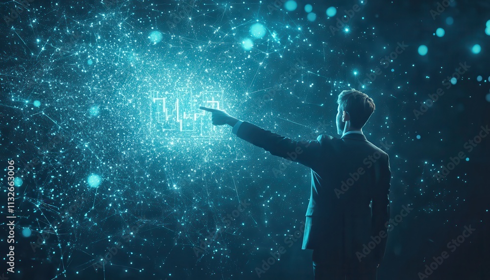Poster businessman interacting with digital network data visualization