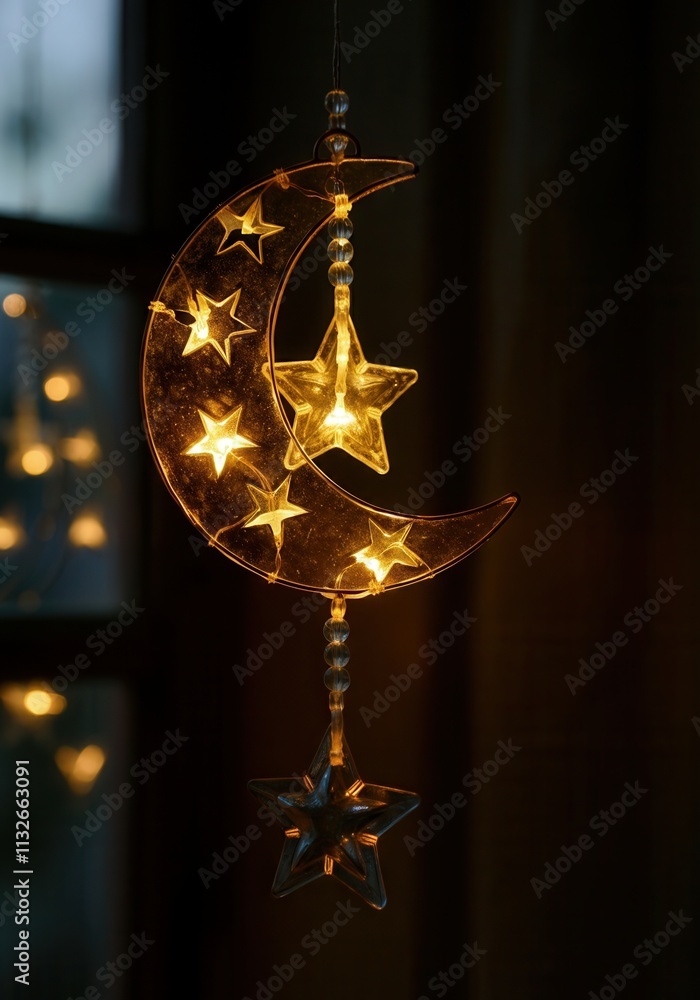 Poster decorative crescent moon and star with embedded lights hanging in a dark room, creating a warm and m