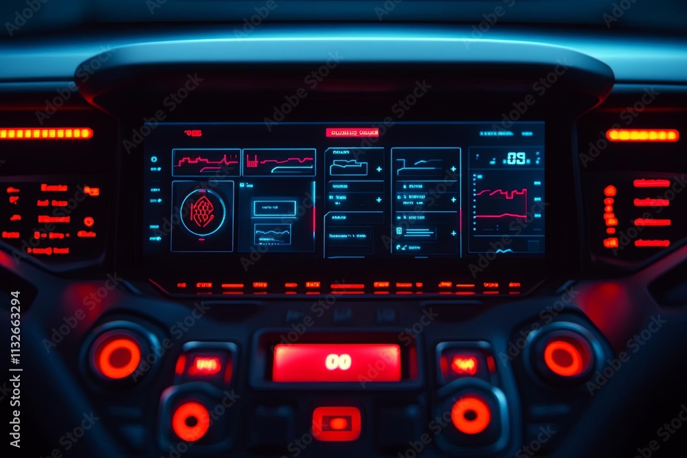 Poster futuristic car dashboard with vibrant blue and red interface displays and controls.