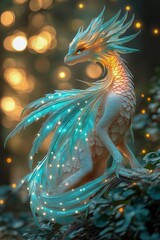 Magnificent Fantasy Dragon with Glowing Feathered Tail and Golden Lights in Mysterious Forest on Magical Bokeh Background