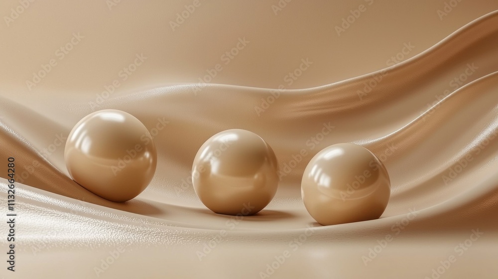 Poster three smooth, rounded spheres sit on a gently undulating surface, their reflective surfaces catching