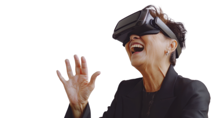Asian caucasian middle age businesswoman watching vr glasses laughing and gesturing with hand on white background
