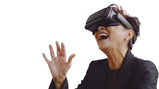 Asian caucasian middle age businesswoman watching vr glasses laughing and gesturing with hand on white background
