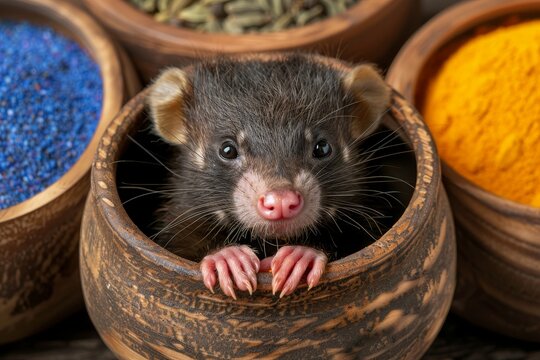 Curious Genette Looking from Wooden Bowl, Spices Background. Cute Animal, Wildlife Concept
