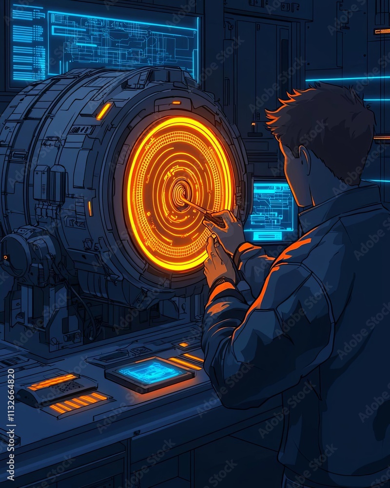Poster a technician working on advanced machinery with glowing components and digital interfaces.