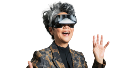 Asian caucasian middle age businesswoman watching vr glasses laughing and gesturing with hand on white background
