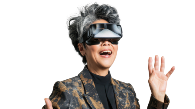 Asian caucasian middle age businesswoman watching vr glasses laughing and gesturing with hand on white background
