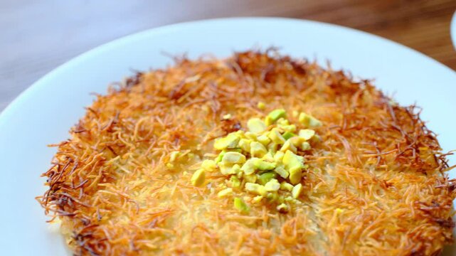 Close-up of local Turkish dessert kunefe with pistachios on a white plate	