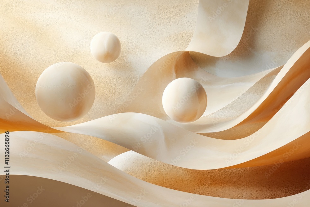 Poster abstract composition of soft curves and geometric shapes in warm earthy tones with floating spheres 