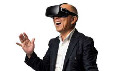 Asian caucasian middle age businessman watching vr glasses laughing and gesturing with hand on white background
