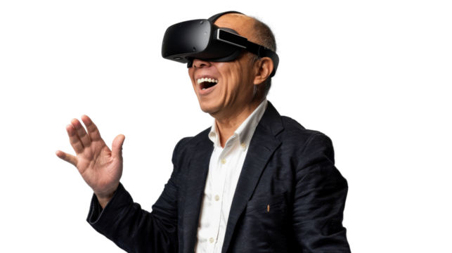 Asian caucasian middle age businessman watching vr glasses laughing and gesturing with hand on white background
