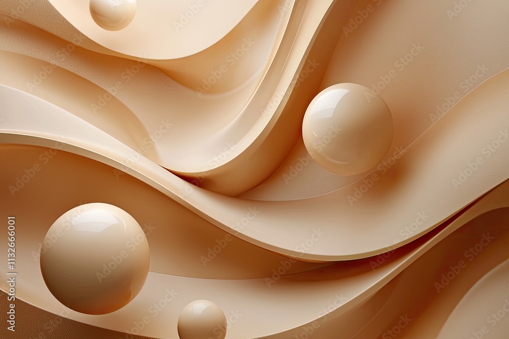 Poster abstract composition of soft curves and geometric shapes in warm earthy tones with floating spheres 