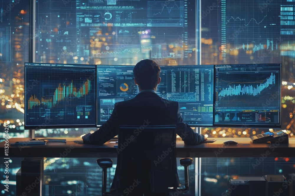 Poster business professional analyzing data trends with digital interface and graphs in modern office envir