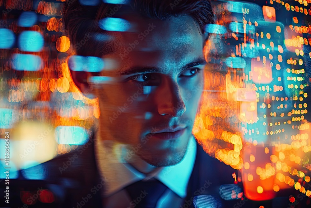 Poster businessman in suit analyzing data trends with digital graph interface for financial growth and succ