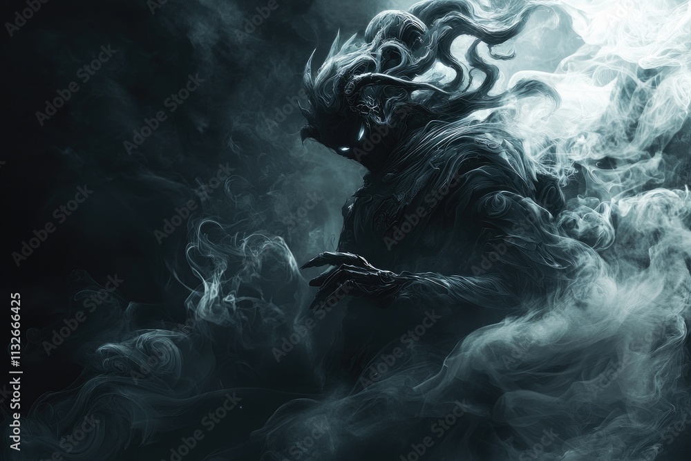 Poster abstract black background with soft gray smoke swirls creating a mysterious and ethereal atmosphere 