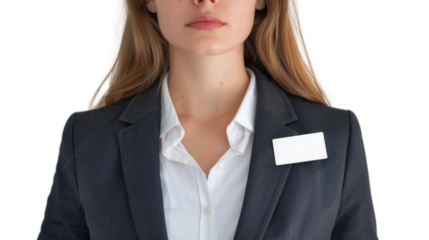 American young businesswoman with badge on white background
